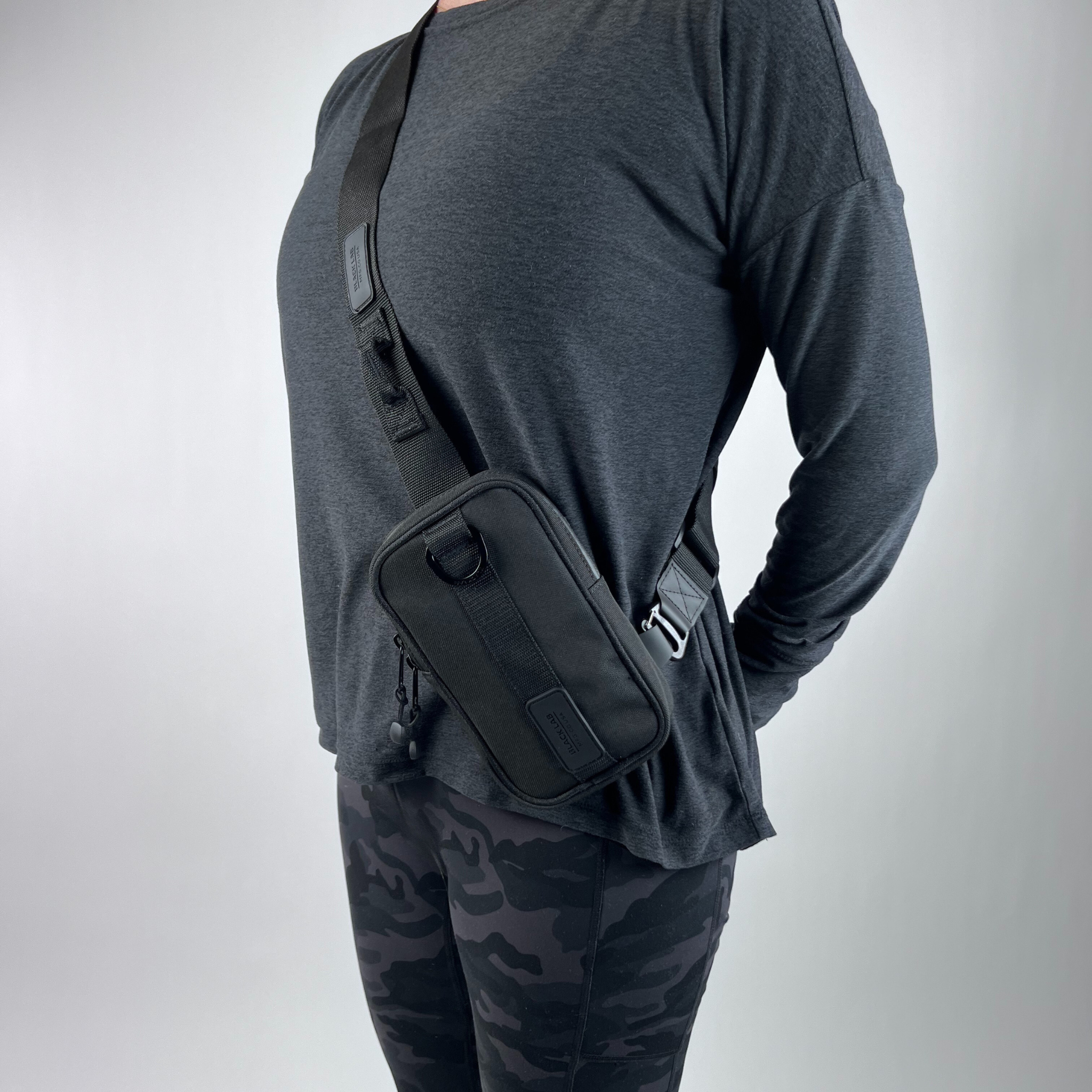 Black Lab Brands crossbody carry-all bag on model