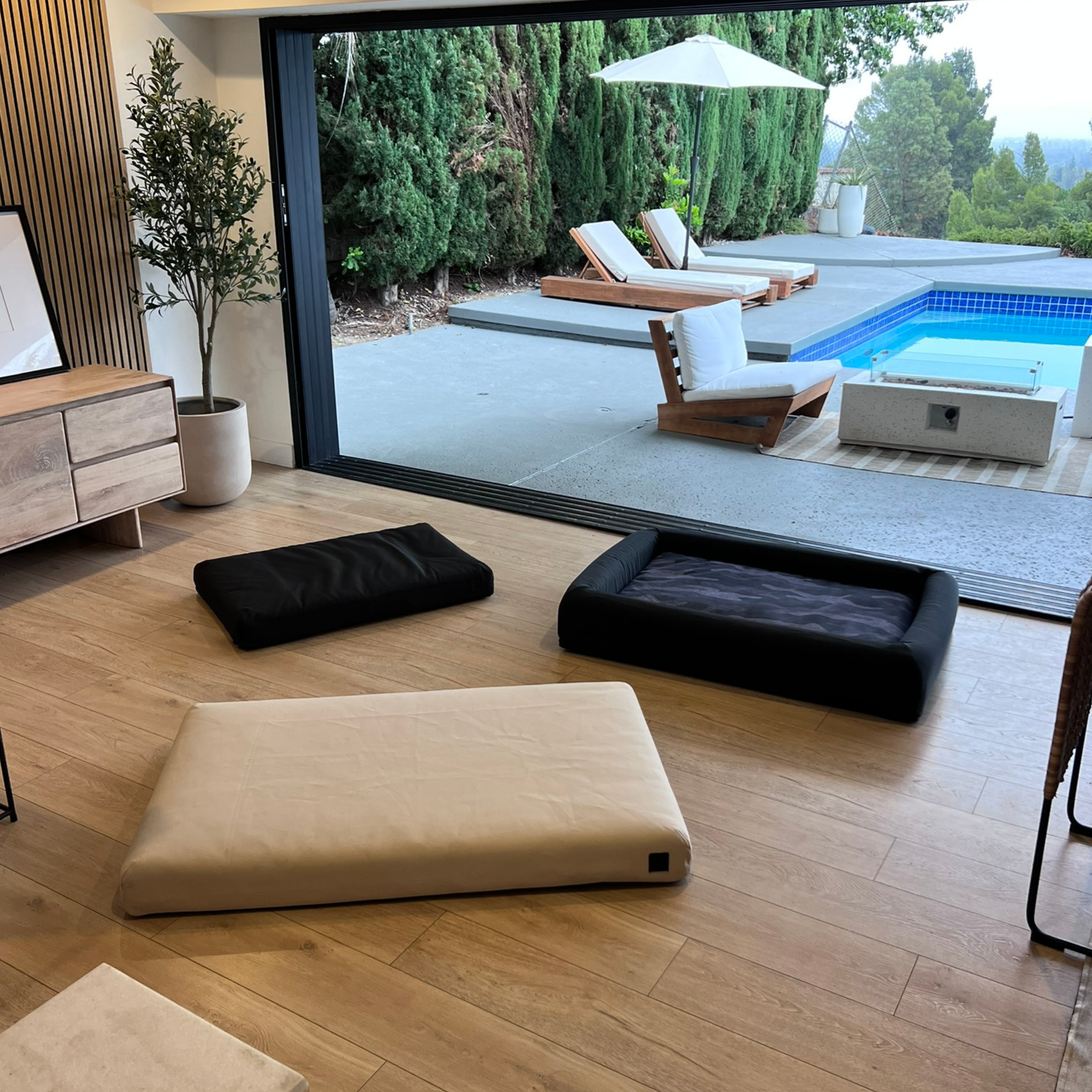 Living room with dog beds on wooden floor, sliding glass door leading to outdoor pool area.