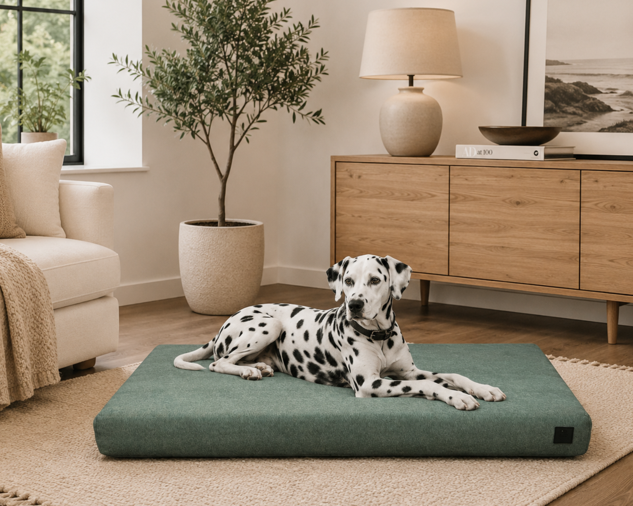 A Dalmatian laying on sage green Black Lab waterproof orthopedic dog bed in a modern living room