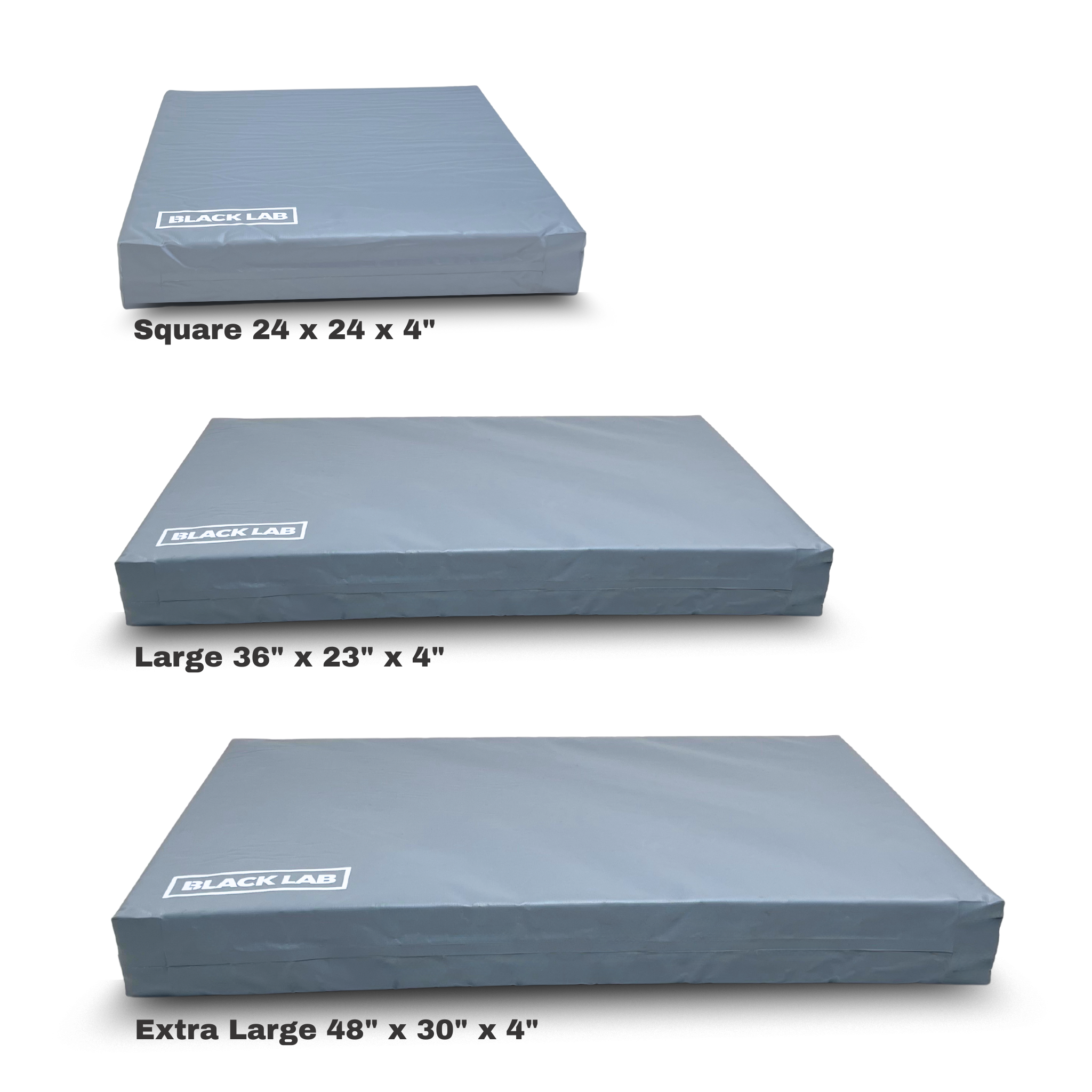 Three sizes of waterproof dog beds with dimensions labeled on a white background