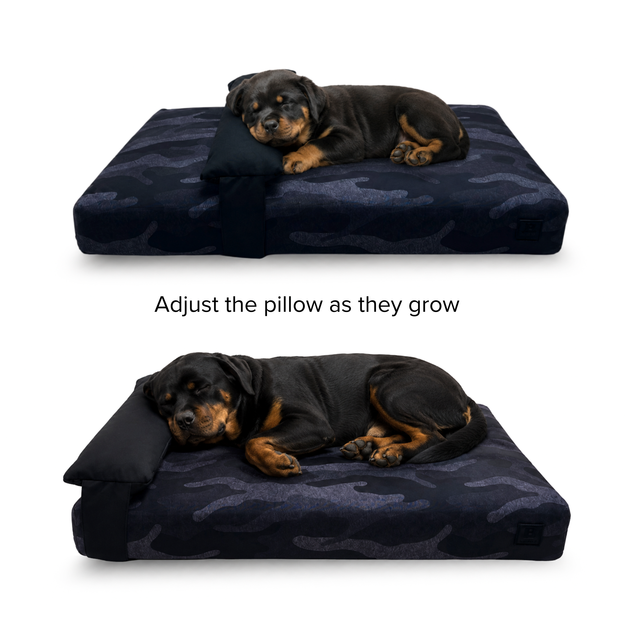 Shows how the pillow can be adjusted as a dog grows from a puppy to an adult