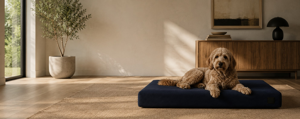 Dog lying on a black water proof orthopedic dog bed in a modern living room.