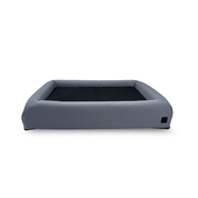 Black waterproof dog bed with Slate microsuede bolster and removable washable covers.
