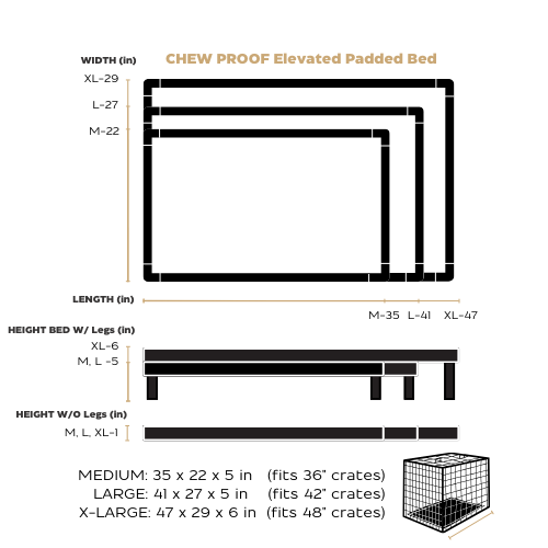 Metal Frame CHEW PROOF Elevated Padded Dog Bed Size Chart