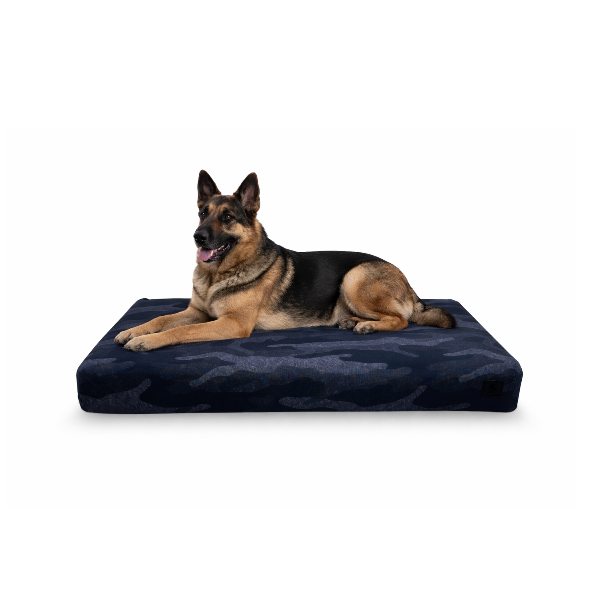 German Shepard lying on a cow-patterned Signature orthopedic waterproof dog bed with removable washable cover on a white background.

