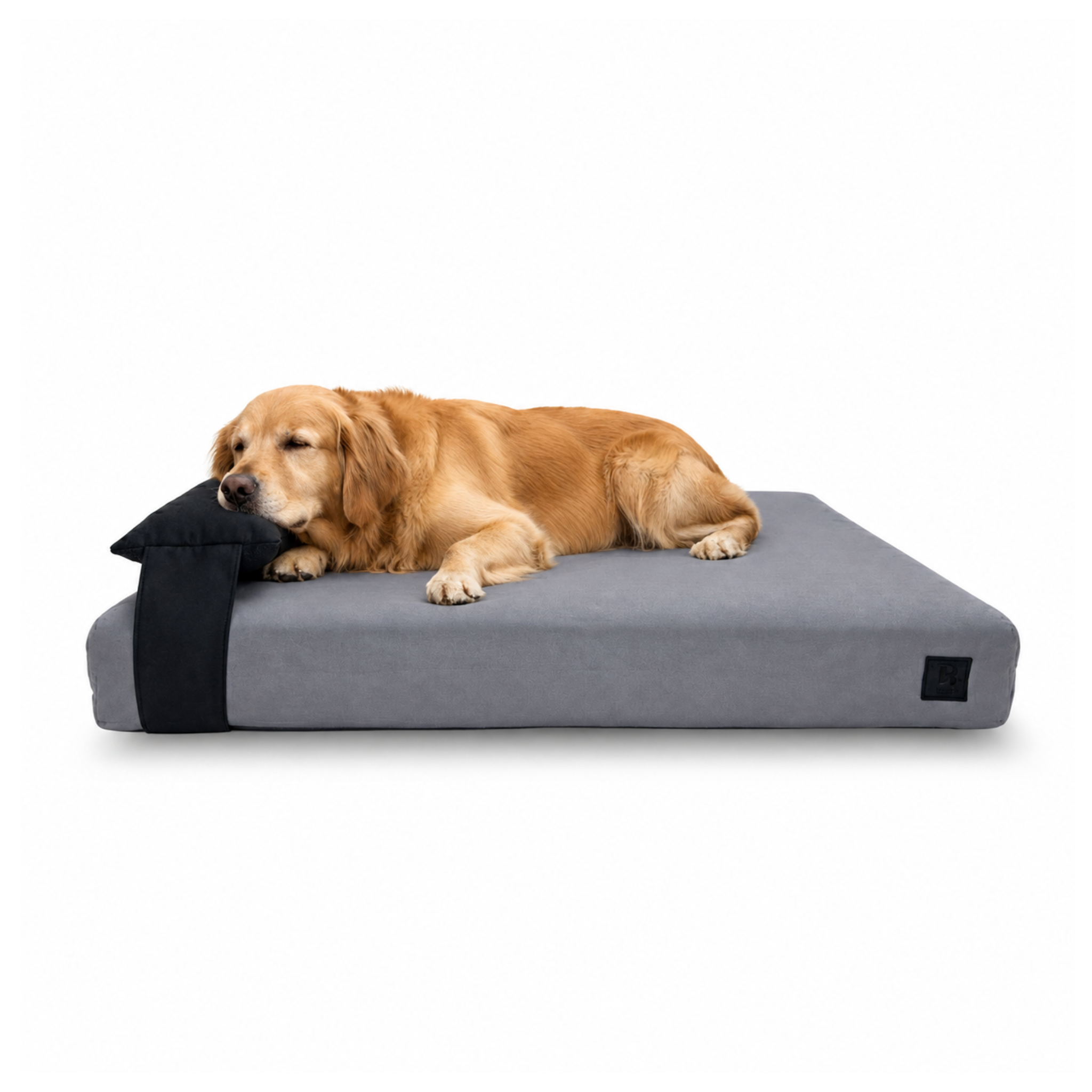 Large dog resting on orthopedic waterproof dog bed with headrest pillow 