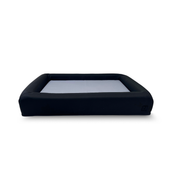 Gray Microsuede waterproof dog bed with black bolster and removable washable covers.
