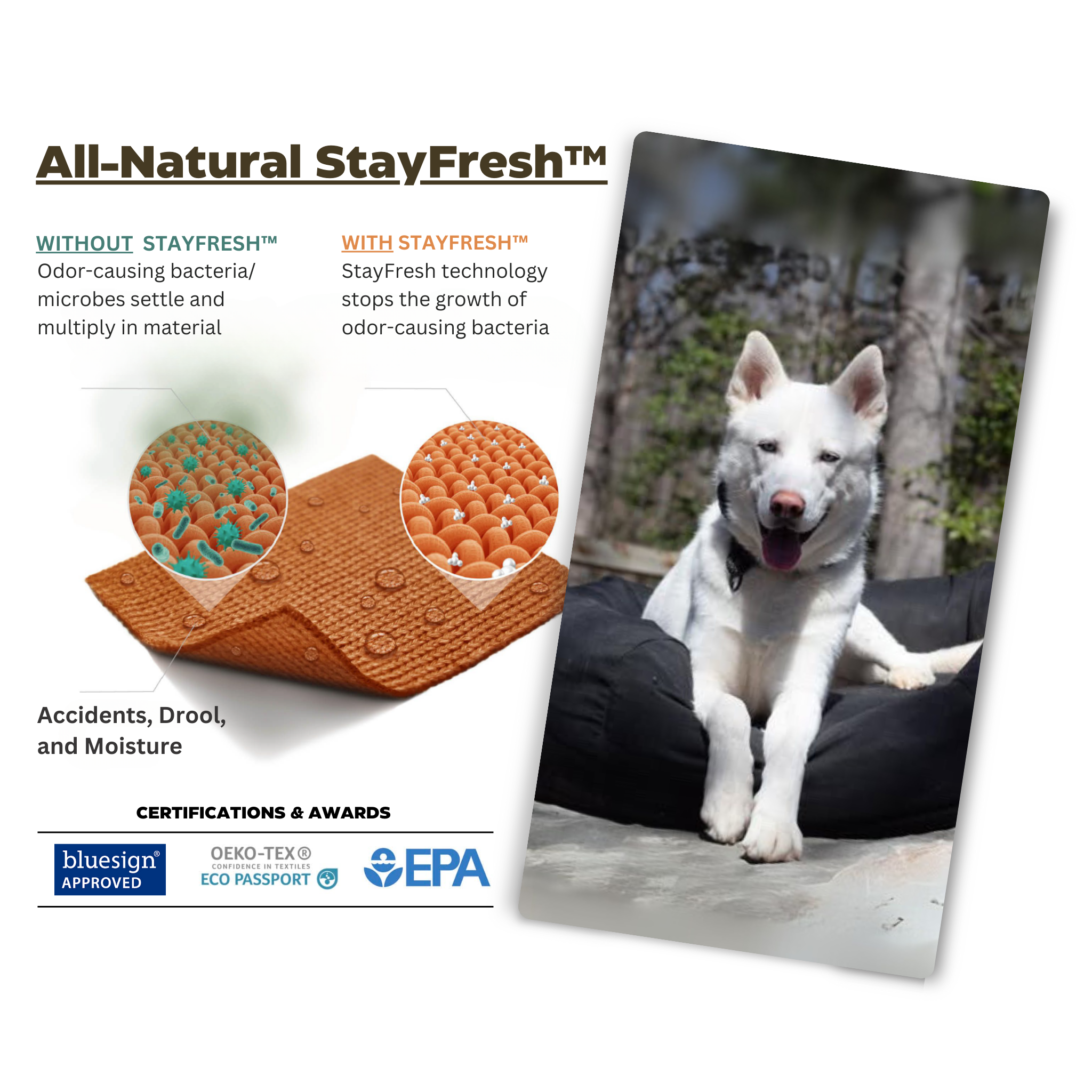 Showing the benefits of odor fighting Polygiene Stayfresh technology on a Round Den Dog Bed 