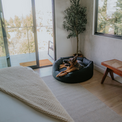 German Shepard comfortably  laying in a round Den Dog Bed in a modern bedroom