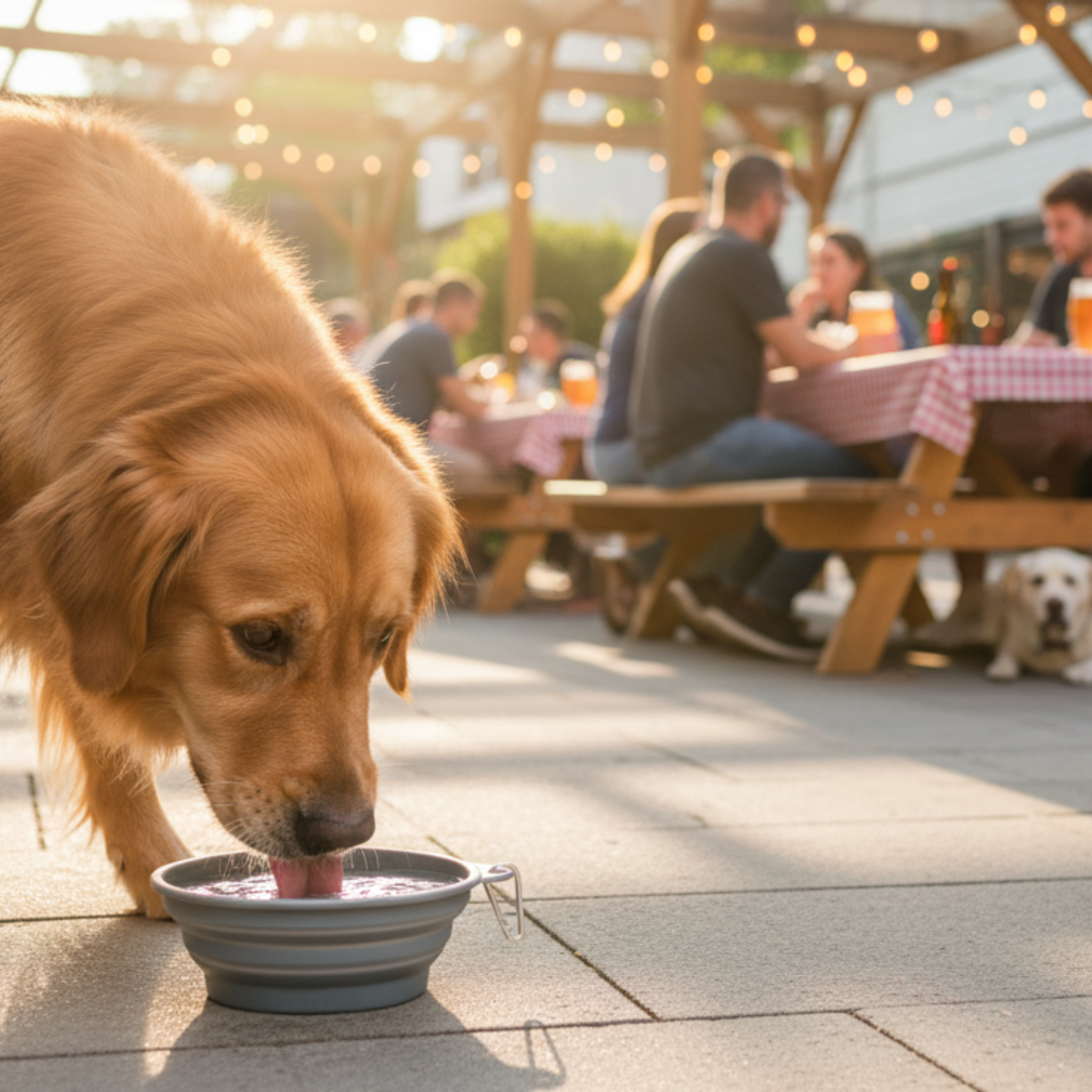 Golden Retriever drinking from Collapsable Travel Dog Bowl fully open