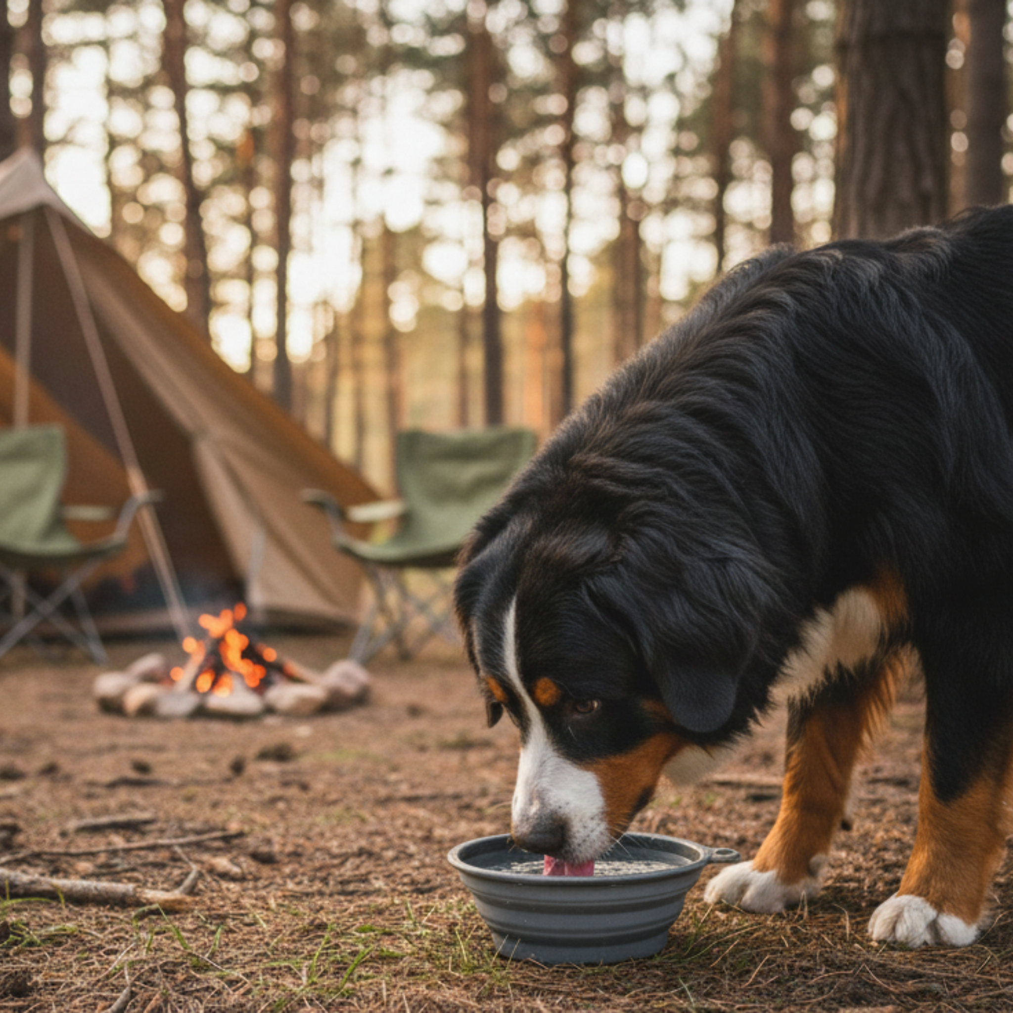 Camping Dog drinking from Collapsable Travel Dog Bowl fully open