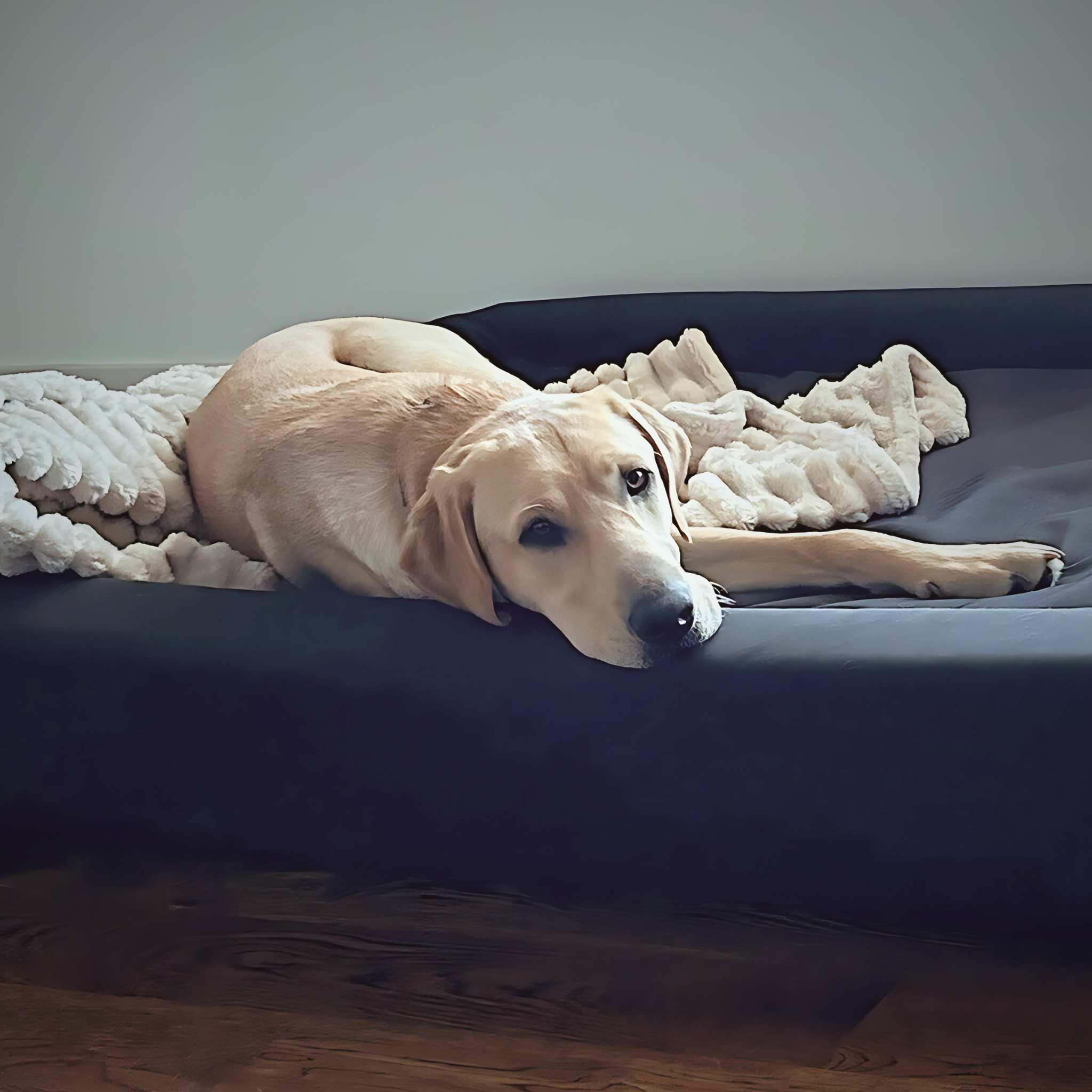 Dog resting head on a dog bed